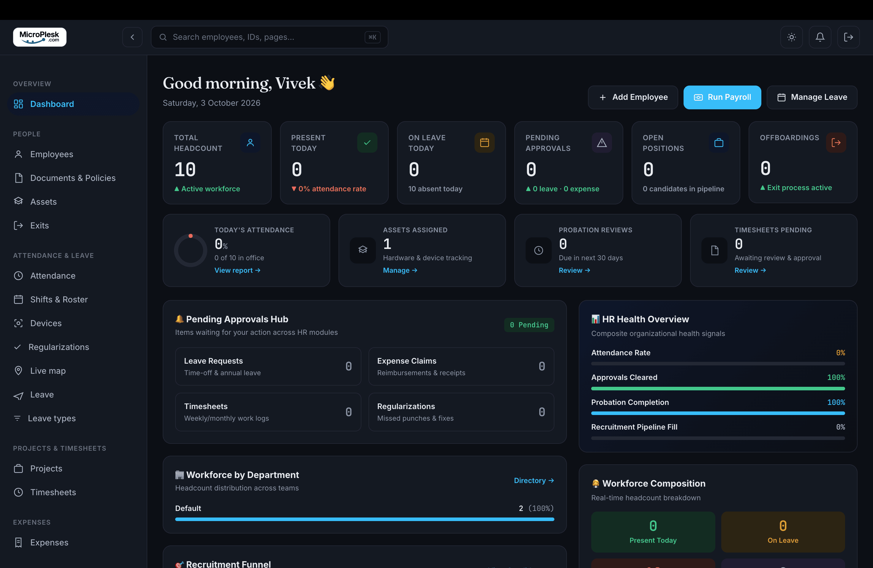 MicroPlesk Real Admin Panel Dashboard - Live Headcount, Biometric Attendance, Instant Payroll, Health Signals